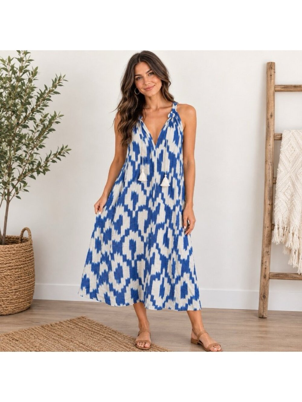 Lauren Ralph Lauren Ikat Boho Sheath Dress W/Pockets  Size 12 Coastal Beach